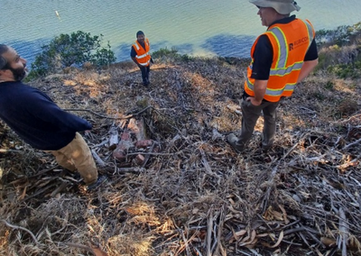 men talking near a lake